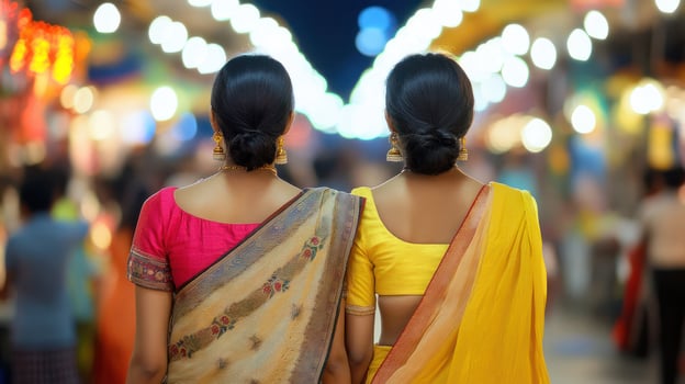 Two women in traditional attire enjoying a lively market atmosphere. photo