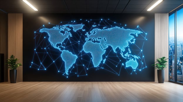 A glowing world map mural in a modern office with urban views. photo