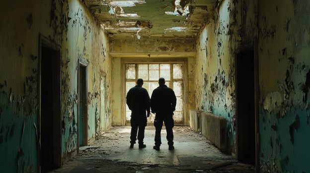 Two figures stand in a decaying, abandoned hallway, evoking mystery. photo