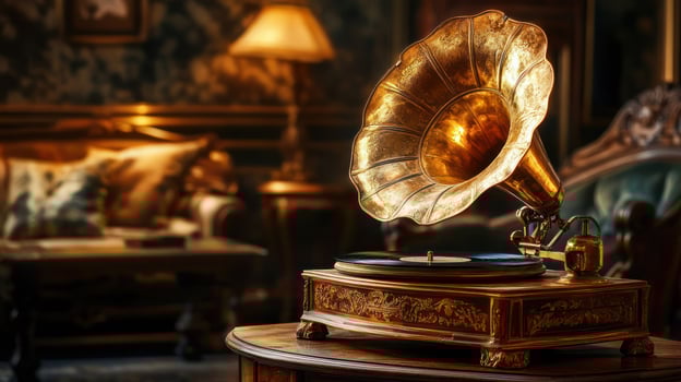 Elegant antique gramophone in a warm, vintage living room setting. photo