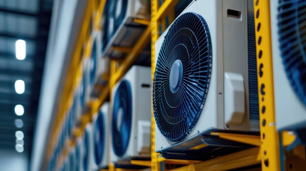 A row of industrial air conditioners on metal shelving in a warehouse. photo