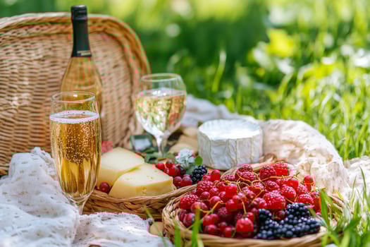 Enjoying a cozy summer picnic with a woven basket and refreshing drinks in the sunlight photo
