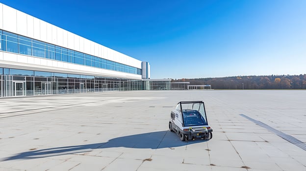 Automated floor cleaner outside modern building photo
