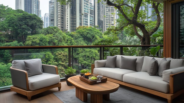 Cityscape Balcony Relaxation Modern furniture on a balcony overlooking lush greenery and skyscrapers photo