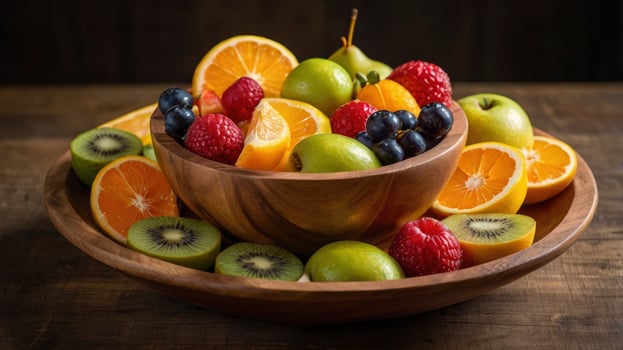 Fresh Fruit Bowl Arrangement on Wooden Table with Healthy Variety photo