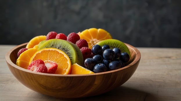 Fruit Bowl with Orange Kiwi Raspberry and Blueberry on Wooden Table photo