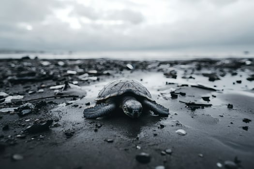 Sea Turtle Hatchling Crawling Towards the Ocean on a Cloudy Beach. photo