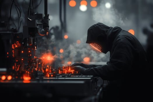 Worker Focused on Machinery in Dimly Lit Industrial Environment. photo