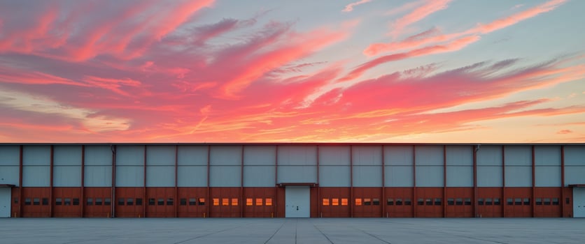 A large building with red doors and a sunset photo
