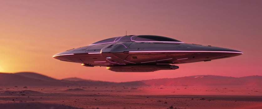 An alien spaceship flying over a desert photo