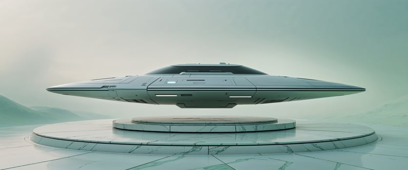Futuristic spaceship hovering above a marble platform on an alien planet photo