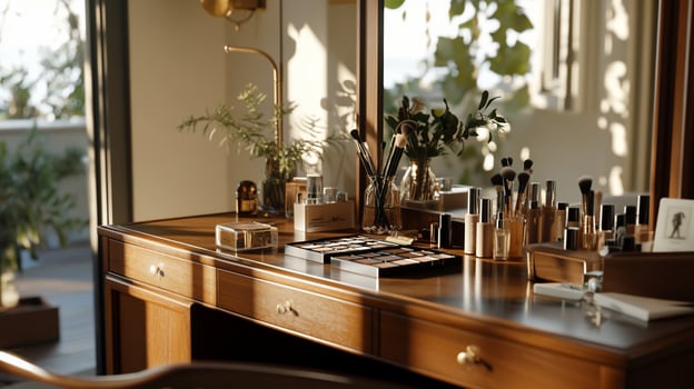 A vanity with makeup products and a mirror photo
