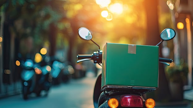 Delivery Box on Scooter in City Street with Sunset Light Background photo