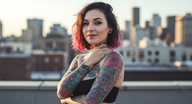 Urban Tattooed Woman Vibrant Floral Ink and Cityscape photo