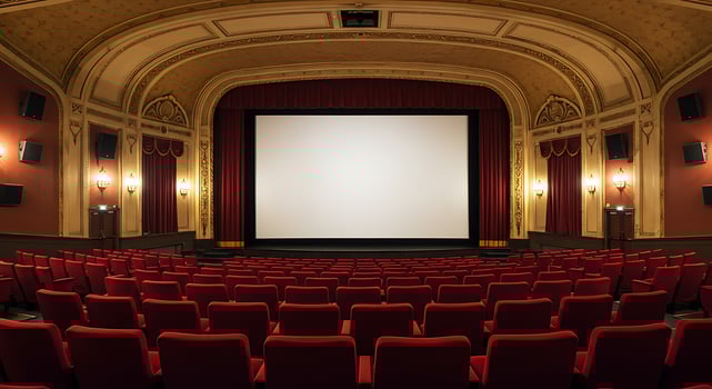 Grand Movie Theater Elegant Red Seats Majestic Screen Classic Ambiance photo