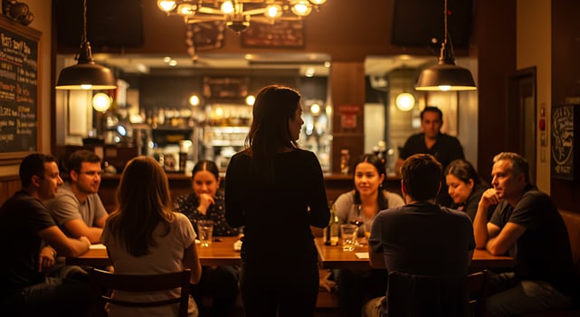 Warm Pub Gathering Intimate Conversation Illuminated by Golden Light photo