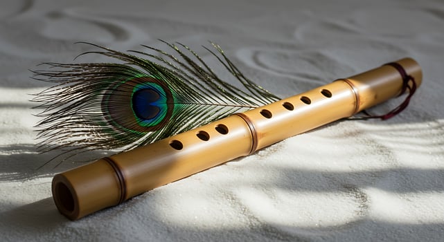 Bamboo Flute and Peacock Feather A Serene Musical Still Life photo