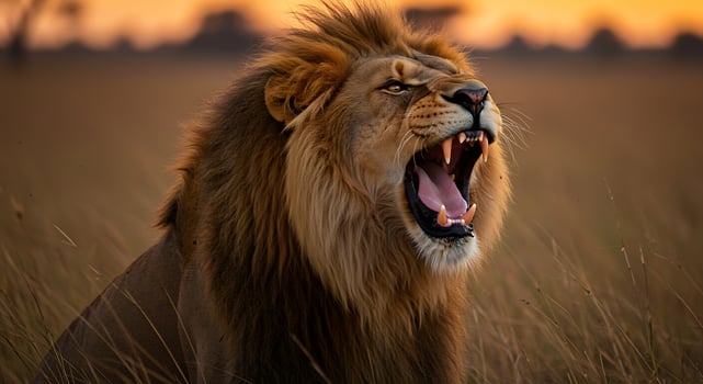 Majestic Lion Roaring at Sunset A Dramatic Wildlife Image photo