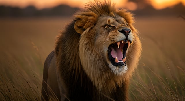 Majestic Roaring Lion Golden Hour Savanna Portrait photo