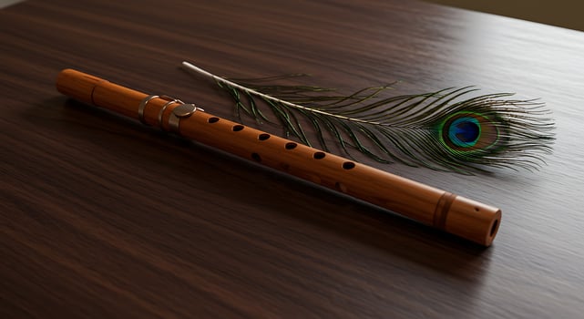 Wooden Flute and Peacock Feather A Serene Musical Still Life photo
