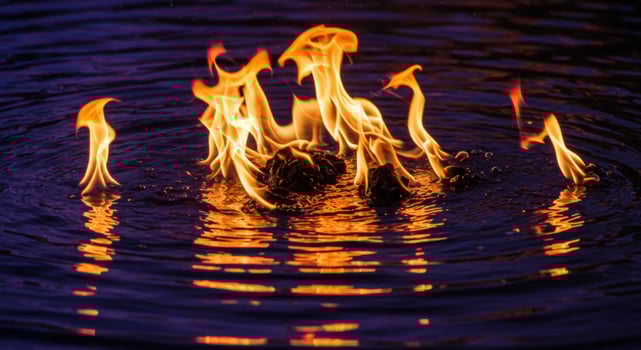 Flames dancing above water, creating mesmerizing reflections at dusk, showcasing nature's beauty photo