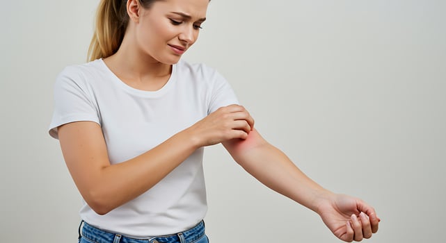 A woman is holding her arm and looking at it photo