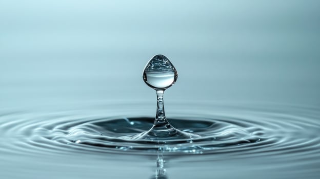 A single water droplet poised atop ripples. A captivating close-up of a water droplet's impact and subsequent ripples. Crystal-clear, perfectly-shaped droplet photo