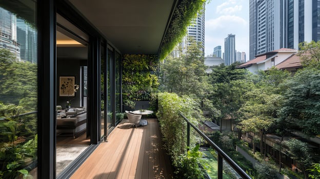 A balcony with plants and greenery in the city photo