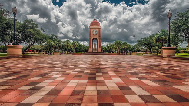 A clock tower in a park with a cloudy sky photo