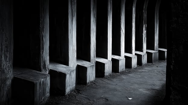 A black and white photo of a row of concrete benches