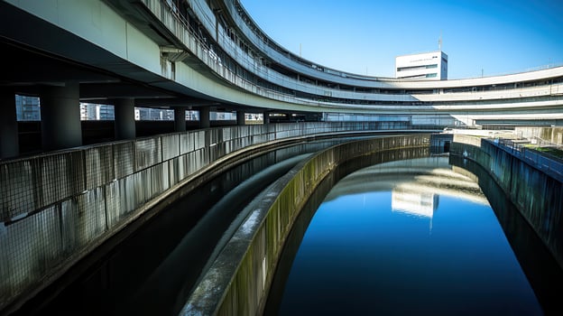 A building with a curved roof and a waterway photo