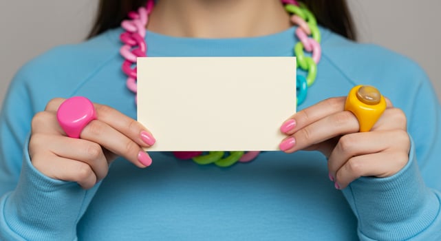 Woman in blue sweater holding blank paper photo