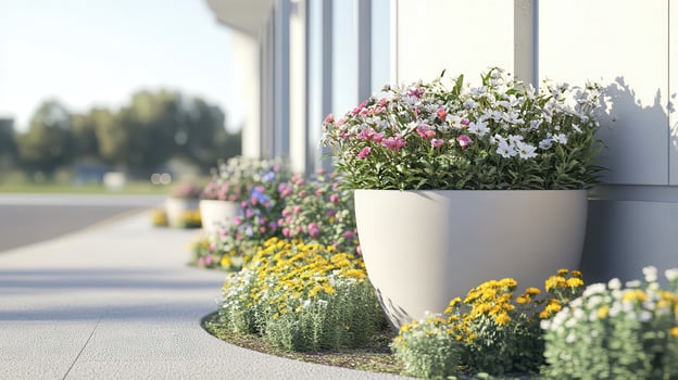 Flowers in pots, modern building, sunny day, landscaping photo