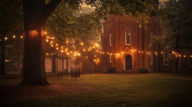 Foggy campus autumn evening, string lights, building photo