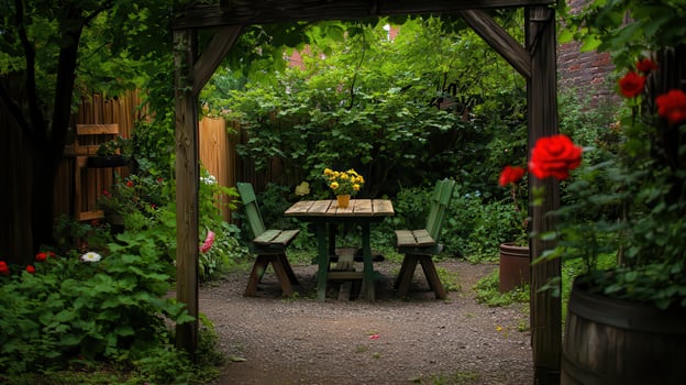 Garden table, flowers, pergola, backyard oasis, calm photo