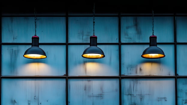 Industrial pendant lights illuminate grunge wall photo
