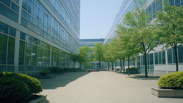 Modern city courtyard, trees, buildings, sunlight, calm photo
