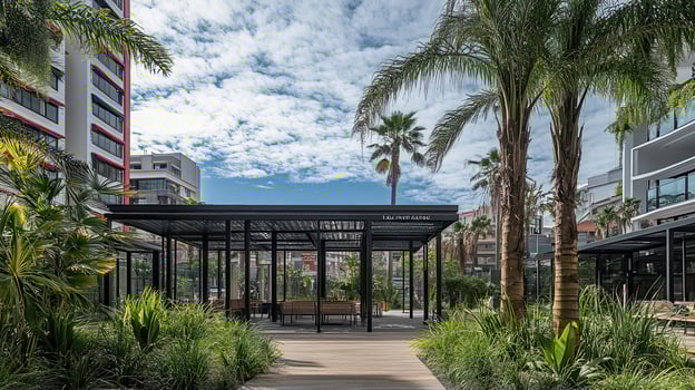 Modern Pavilion, Urban Oasis, Relaxation, Cityscape Background photo