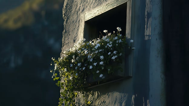 Mountain village, window box, white flowers, sunset, rustic charm photo
