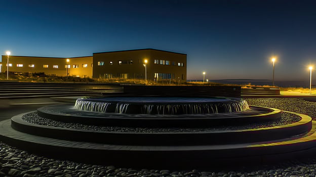 Night fountain, campus, building, desert, serene, website photo