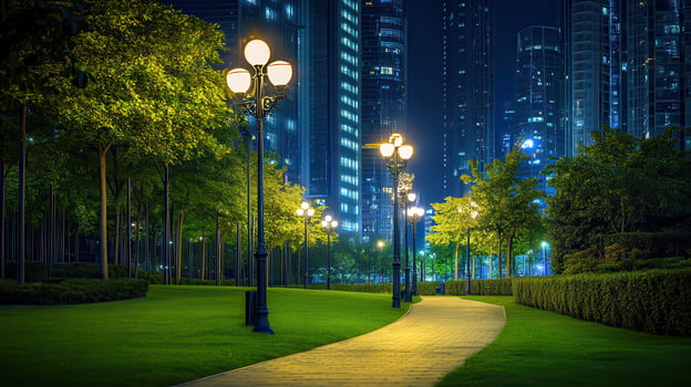Night park path, city skyline backdrop, urban oasis photo