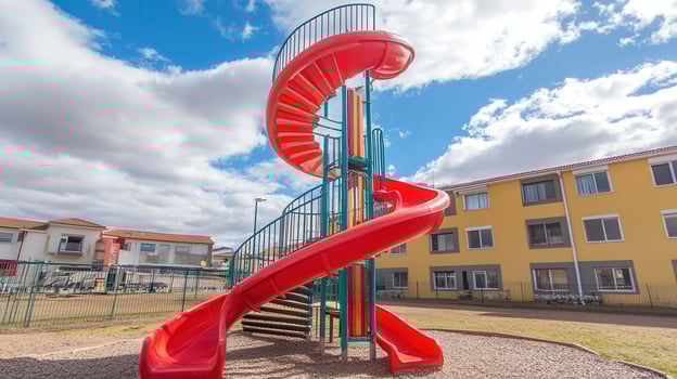 Red spiral slide playground sunny day apartments photo