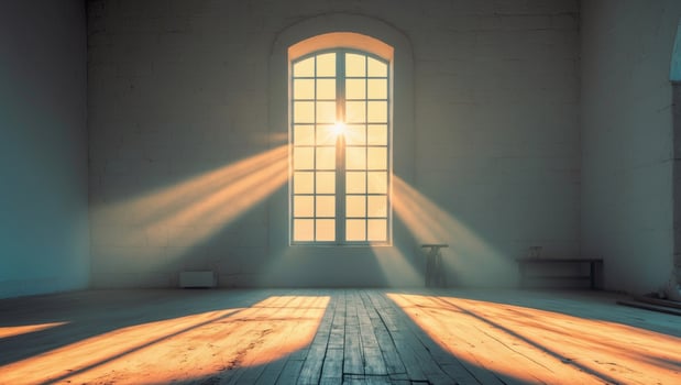 Sunlight streaming arched window creating warm shadows on wooden floor. photo