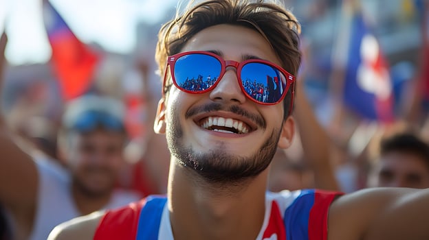 Group of friends wearing Serbian flag colors, waving flags during a parade in a bustling city square photo
