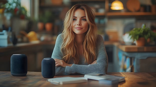 Woman sitting at a kitchen table using a voice assistant to plan her daily tasks photo