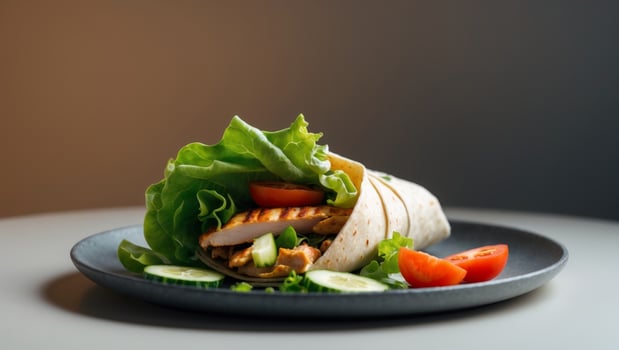 A wrap with chicken, lettuce and tomatoes on a plate photo