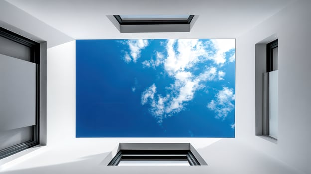 Skylight view, modern building, bright sky, clouds photo