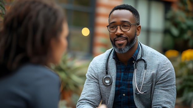 Patient discussing symptoms with a doctor over supported by AI treatment recommendations photo