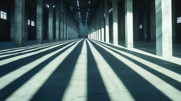 Sunlit Warehouse Interior Empty Space, Concrete Pillars, Dust Motes photo