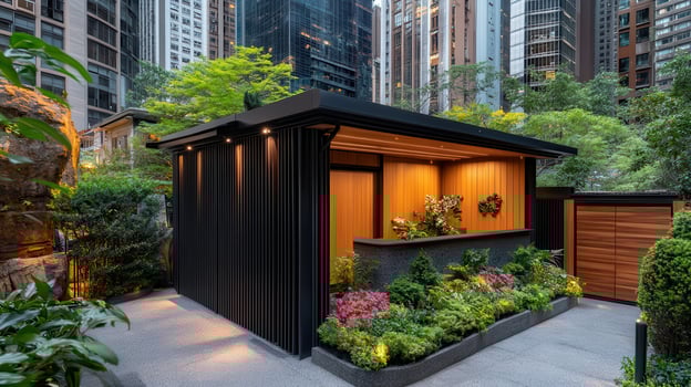 Urban oasis Modern garden shed, city backdrop photo